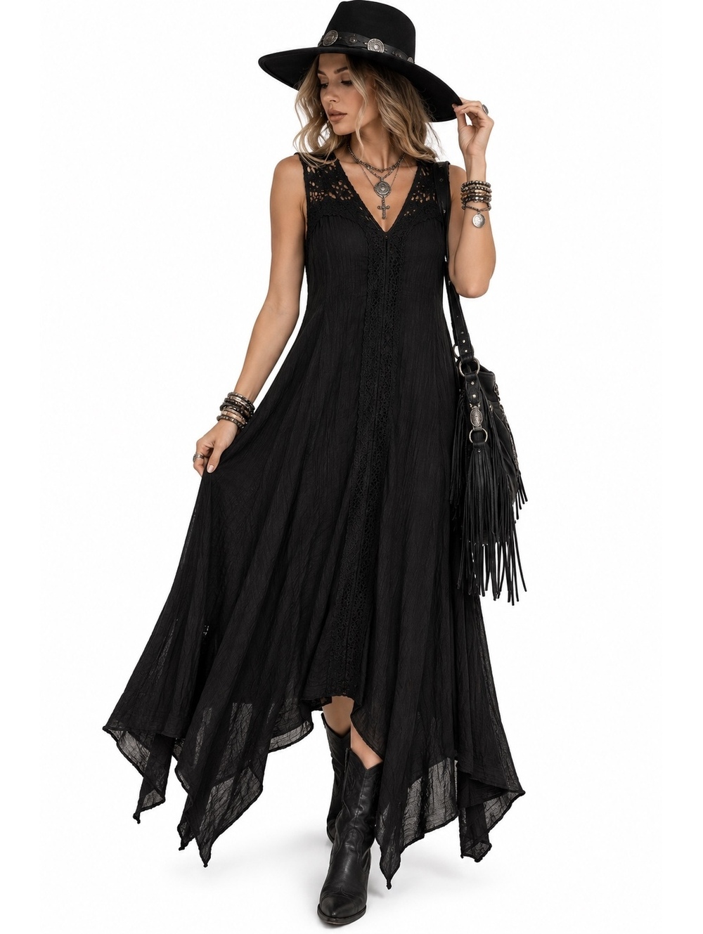 New Directions Black Crochet Lace Handkerchief Maxi Dress Whimsigoth L